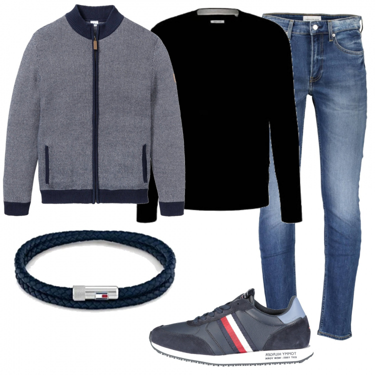 Outfit uomo - Tommy Hilfiger. Stile Trendy per Tutti i giorni. Abbinamento con cardigans, braccialetti, jeans, sneakers, maglieria.