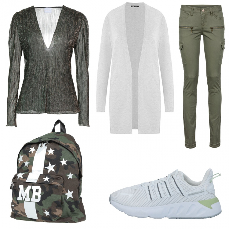 Outfit donna - Oggi ho un esame!. Stile Military per Tutti i giorni. Abbinamento con pantaloni cargo, pullovers, sneakers, zaini, cardigans.