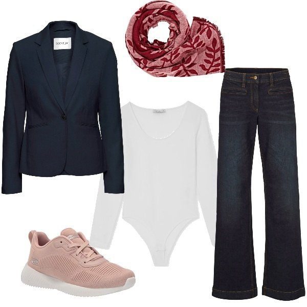 Outfit donna - Sporty chic. Stile Sporty chic per Tutti i giorni. Abbinamento con jeans, blazer, body, sneakers, sciarpe.