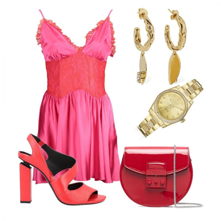 Outfit donna - Festa privata. Stile Glamour per Serata fuori. Abbinamento con sandali in pelle, orologi, borse a tracolla, vestiti corti, orecchini.