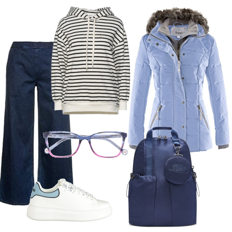 Outfit donna - Le sneakers e il look trendy. Stile Trendy per Scuola/Università. Abbinamento con piumini, felpe con cappuccio, occhiali da sole, jeans, zaini, sneakers.