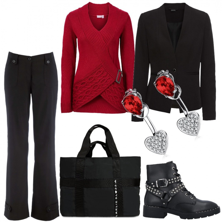 Outfit donna - Mannish #349. Stile Mannish per Ufficio. Abbinamento con pantaloni, blazer, maglieria, stivaletti, orecchini, shopping bag.