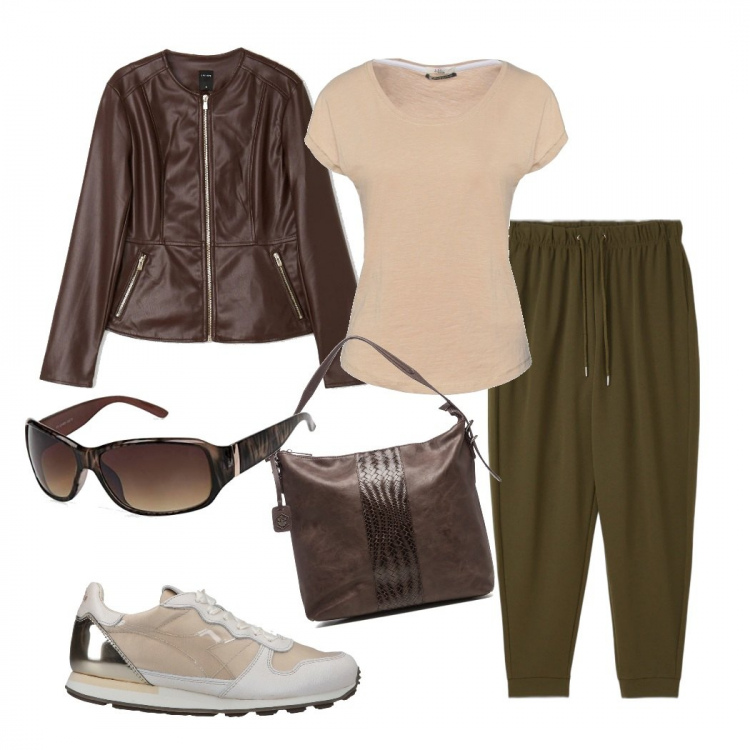 Outfit donna - Giungla urbana. Stile Casual chic per Ufficio. Abbinamento con sneakers, t-shirt, pantaloni, giacche, borse a spalla, occhiali da sole.