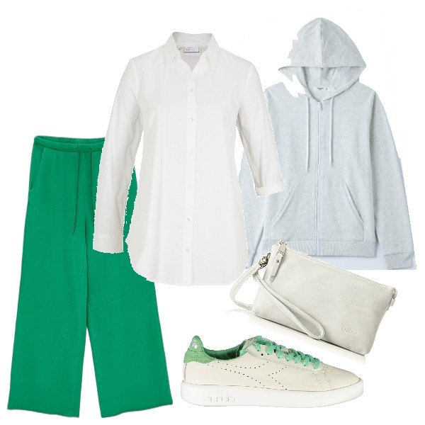 Outfit donna - Sportiva con stile. Stile Sporty chic per Tutti i giorni. Abbinamento con tunica verde, felpe con cappuccio, pantaloni a palazzo, borse a tracolla, sneakers.