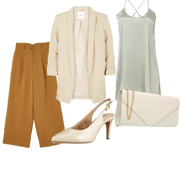 Outfit donna - Cerimonia d\'aprile. Stile Chic per Cerimonia. Abbinamento con sottovesti, pantaloni a palazzo, pochette, blazer, sandali col tacco.