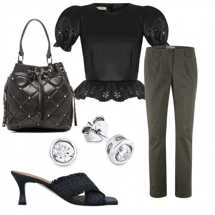 Outfit donna - Total look #1282317. Stile Casual chic per Serata fuori. Abbinamento con pantaloni chino, sandali in pelle, top, borse a secchiello, orecchini.