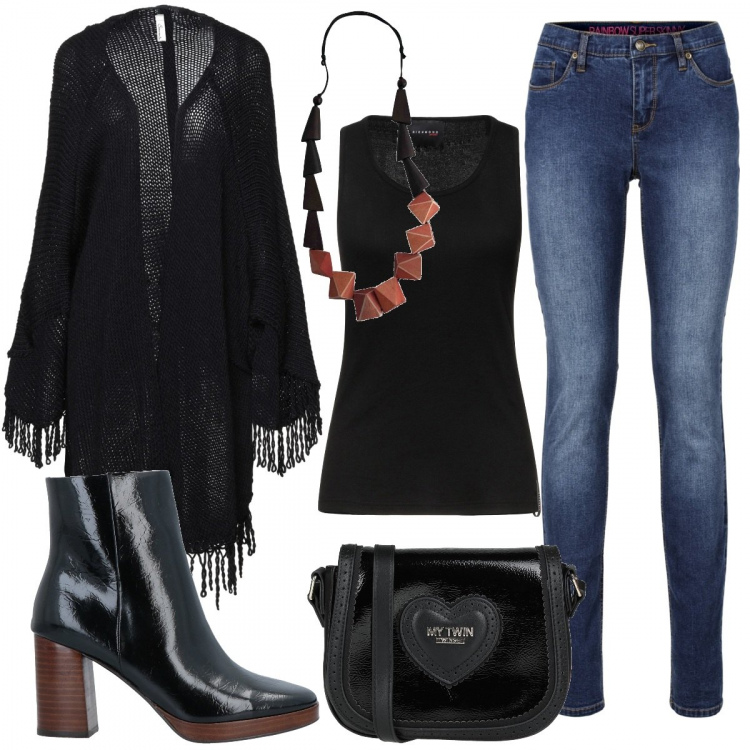 Outfit donna - Stasera Cinema!. Stile Trendy per Serata fuori. Abbinamento con jeans skinny, cappe, stivaletti, canottiere, borse a tracolla, collane.