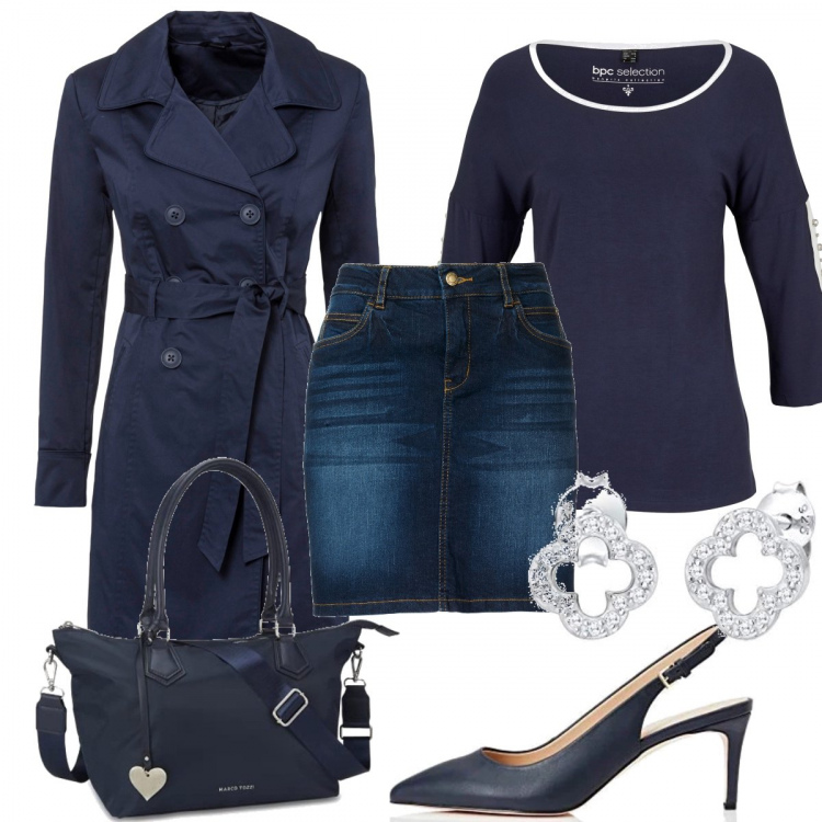 Outfit donna - Ufficio di Mercoledì. Stile Casual chic per Ufficio. Abbinamento con trench, gonne, maglieria, borse a mano, scarpe col tacco, orecchini.