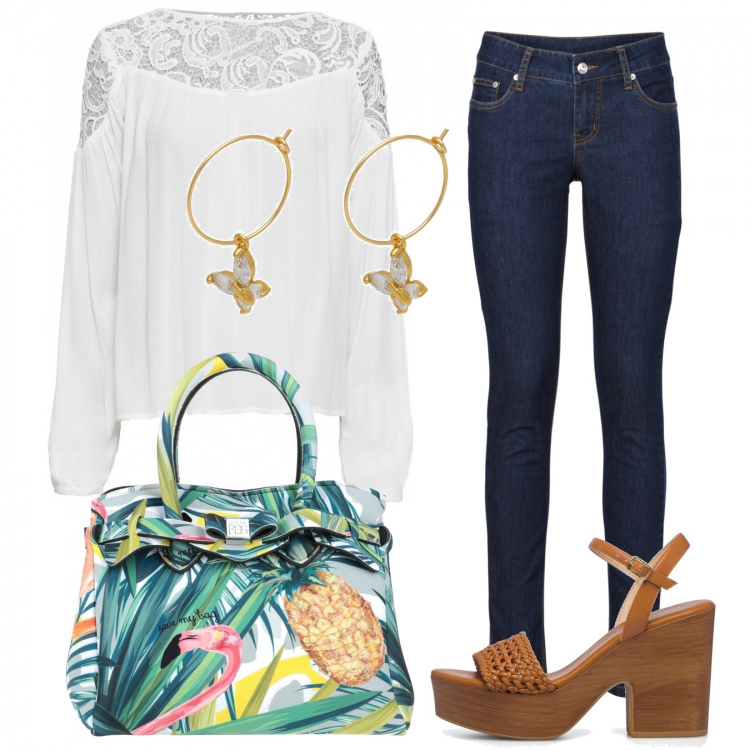Outfit donna - La borsa protagonista. Stile Trendy per Tutti i giorni. look ideale per Petite. Abbinamento con jeans skinny, tuniche, borse a mano, orecchini, sandali in pelle.