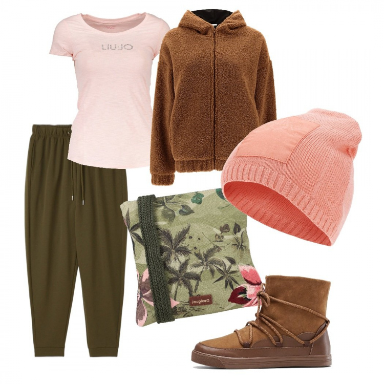 Outfit donna - Il tocco di rosa. Stile Casual per Tutti i giorni. Abbinamento con sneakers alte, borse a tracolla, pantaloni, cappelli con visiera, giacche, t-shirt.