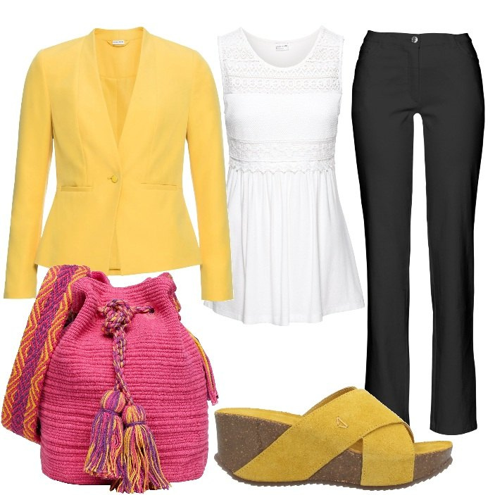 Outfit donna - Bagmania!! Curvy & Plus Size. Stile Casual chic per Tutti i giorni. Abbinamento con pantaloni, blazer, top, sandali in pelle, borse a tracolla.