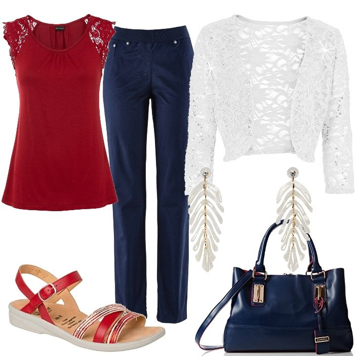 Outfit donna - Bagmania!! Donna Curvy. Stile Casual chic per Tutti i giorni. Abbinamento con pantaloni sportivi, top, bolero, orecchini, borse a tracolla, sandali.