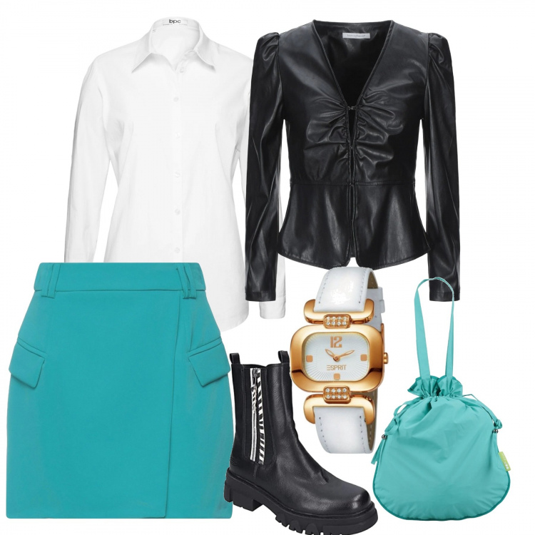 Outfit donna - La gonna turchese. Stile Urban per Tutti i giorni. Abbinamento con camicie, blazer, minigonne, borse a spalla, stivaletti chelsea, orologi.