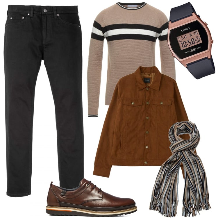 Outfit uomo - Casual con le stringate. Stile Casual per Tutti i giorni. Abbinamento con jeans slim fit, pullovers, giacche, scarpe stringate, sciarpe, orologi digitali.