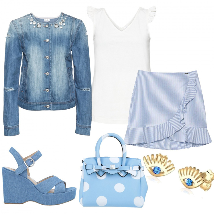 Outfit donna - Romantica di giorno. Stile Trendy per Tutti i giorni. look ideale per Petite. Abbinamento con top, giacche, sandali col tacco, minigonne, borse a mano, orecchini.