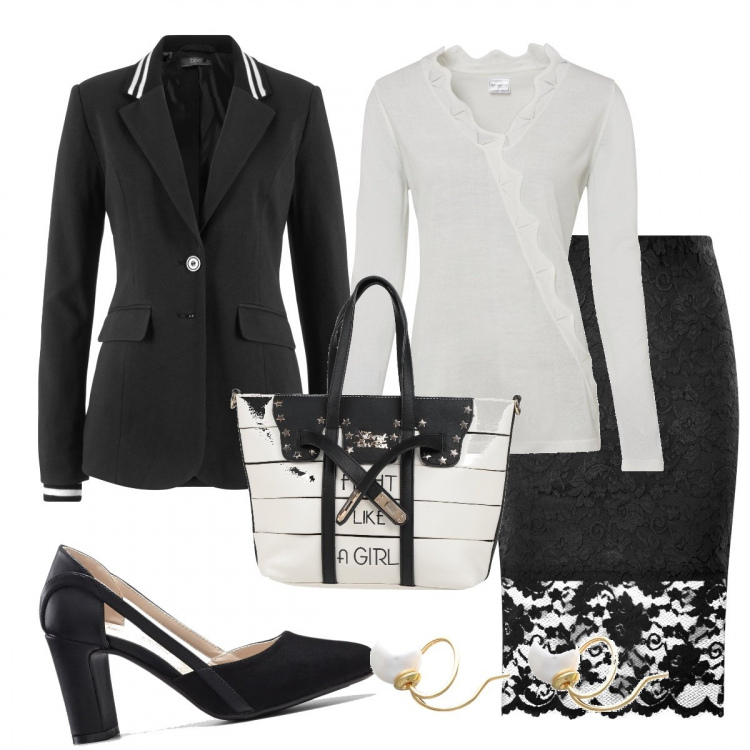 Outfit donna - In ufficio di Venerdì. Stile Glamour per Ufficio. Abbinamento con blazer, maglieria, décolleté, orecchini, borse a mano, gonne longuette.