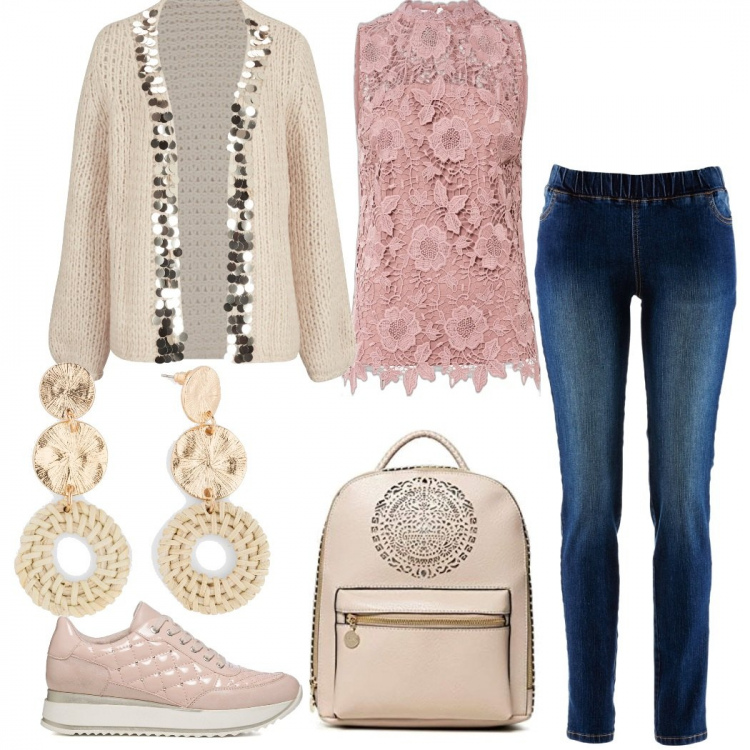 Outfit donna - Le sneakers rosa. Stile Casual per Tutti i giorni. Abbinamento con treggings, orecchini, top, cardigans, sneakers, zaini.