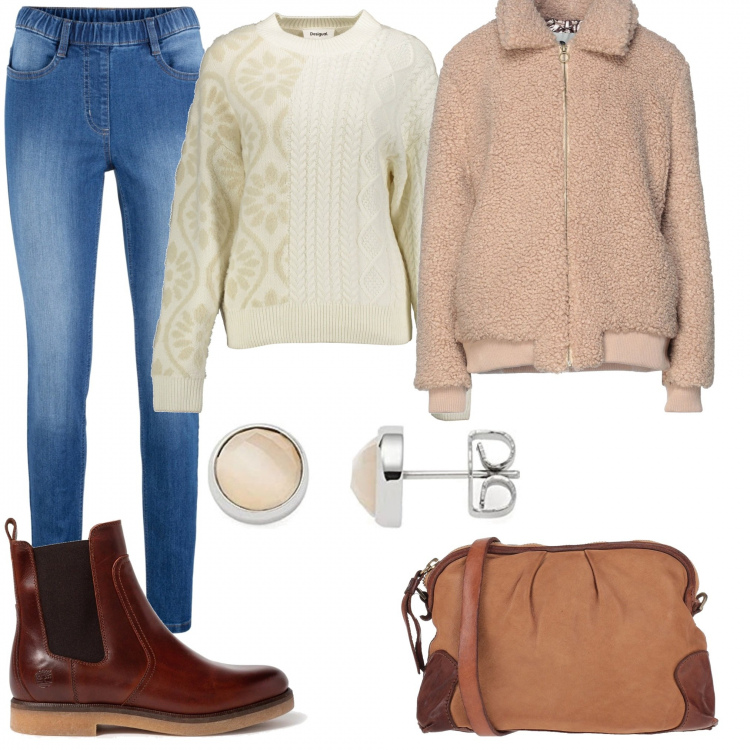 Outfit donna - Quel freddino un po\' così. Stile Urban per Tutti i giorni. Abbinamento con jeggings, borse a tracolla, cappotti, stivaletti chelsea, maglieria, orecchini.
