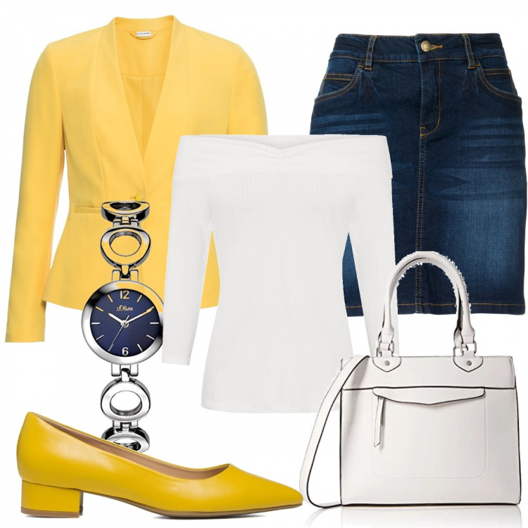 Outfit donna - In ufficio di Sabato. Stile Casual chic per Ufficio. Abbinamento con blazer, gonne, maglieria, décolleté, borse a mano, orologi.