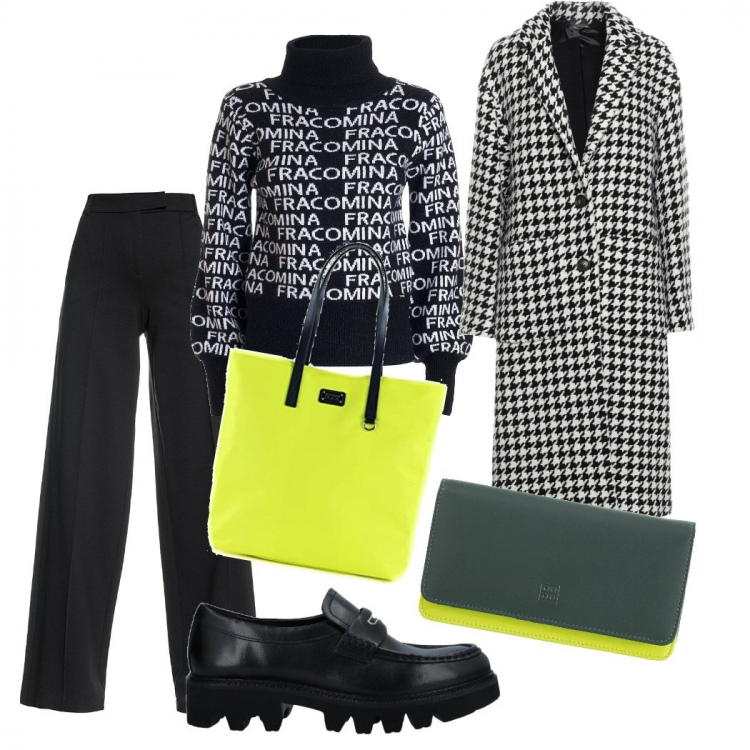 Outfit donna - Bianco, nero e lime. Stile Casual chic per Ufficio. Abbinamento con cappotti, mocassini, portafogli, pantaloni a palazzo, maglieria, shopping bag.
