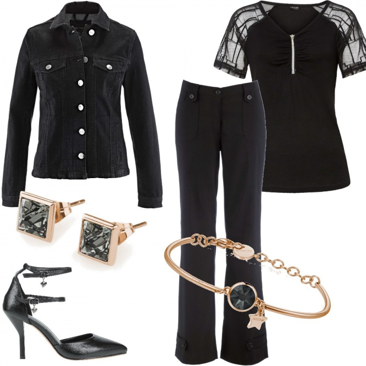 Outfit donna - Total black. Stile Casual chic per Serata fuori. Abbinamento con pantaloni, maglieria, blazer, décolleté, braccialetti, orecchini.