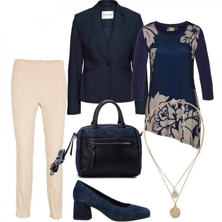 Outfit donna - In ufficio. Stile Mannish per Ufficio. Abbinamento con blazer, maglieria, treggings, décolleté, collane, borse a mano.