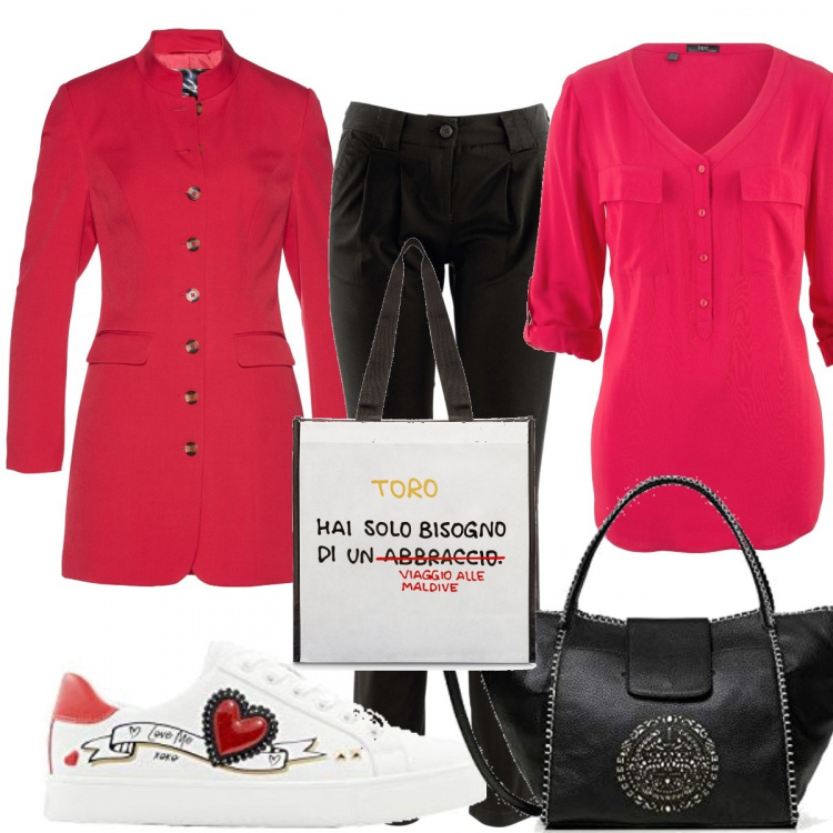 Outfit donna - Shopping con il toro. Stile Casual chic per Tutti i giorni. Abbinamento con bluse, pantaloni chino, blazer, shopping bag, scarpe col tacco, borse a mano.