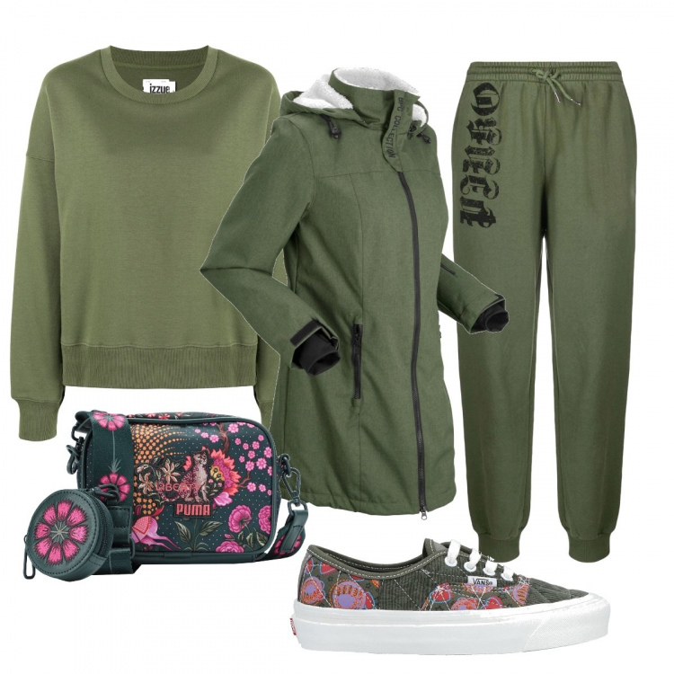 Outfit donna - Verde Militare E Fiori. Stile Military per Tutti i giorni. Abbinamento con blazer, borse a tracolla, sneakers, pantaloni, felpe.