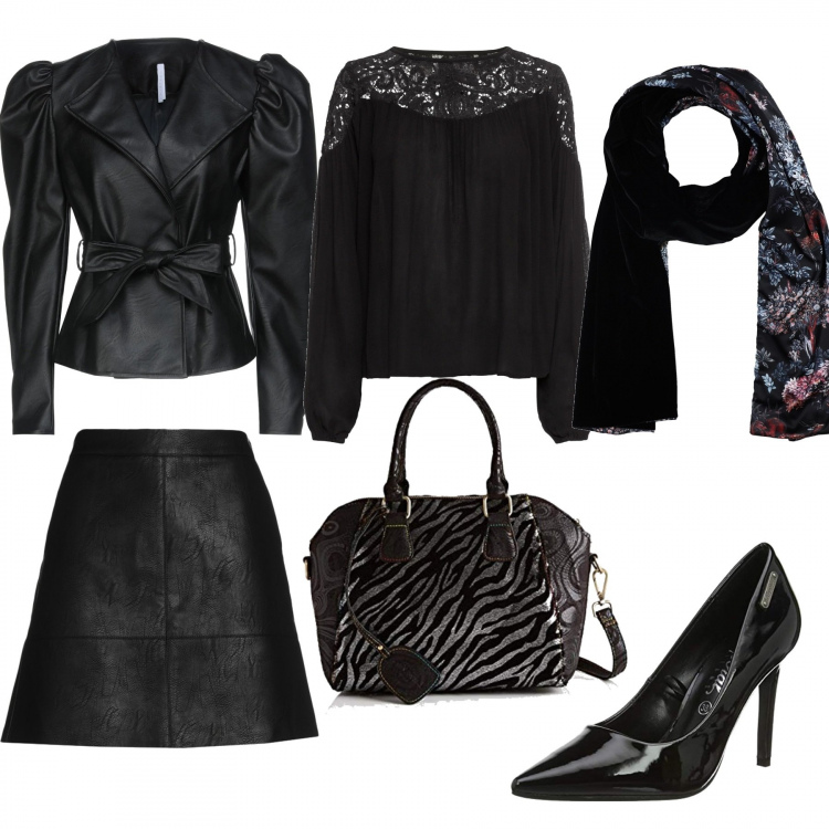 Outfit donna - Total black grintoso. Stile Rock per Serata fuori. Abbinamento con tuniche, blazer, minigonne, sciarpe, scarpe col tacco, borse a mano.