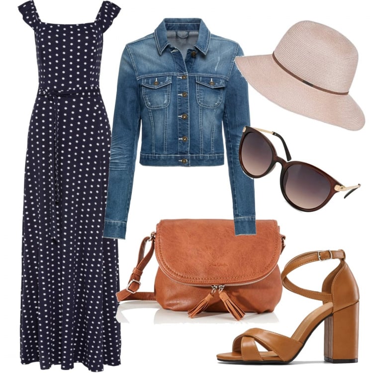 Outfit donna - Vacanza retrò. Stile Vintage retrò per Tutti i giorni. Abbinamento con vestiti lunghi, sandali col tacco, blazer, borse a tracolla, occhiali da sole, cappelli.