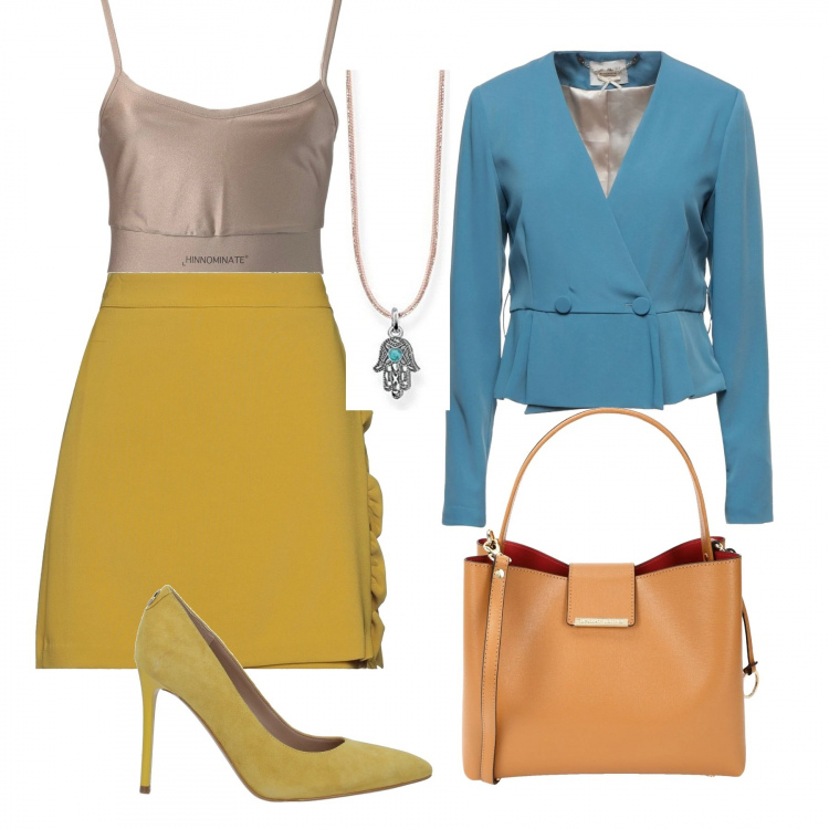Outfit donna - Ocra per la gonna da ufficio. Stile Casual chic per Ufficio. Abbinamento con décolleté, minigonne, blazer, borse a mano, top, ciondoli.
