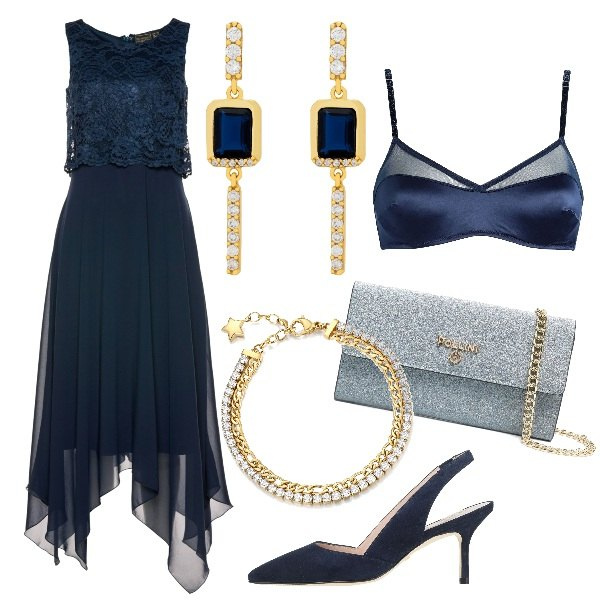 Outfit donna - Total look #1284358. Stile Chic per Cerimonia. Abbinamento con vestiti midi/longuette, décolleté, reggiseni, orecchini, braccialetti, clutch.
