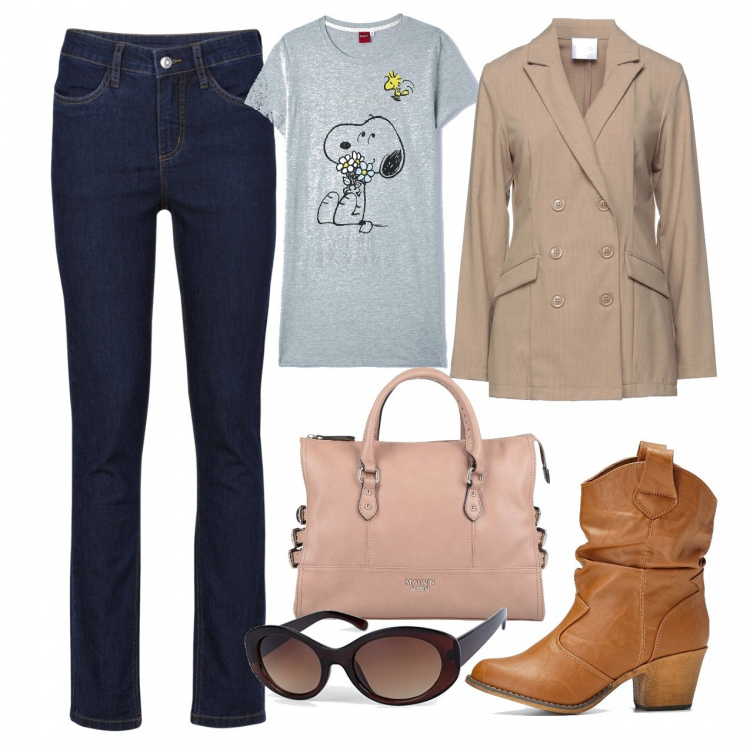 Outfit donna - Oggi si corre. Stile Urban per Tutti i giorni. Abbinamento con stivaletti texani, jeans, blazer, borse a mano, t-shirt, occhiali da sole.