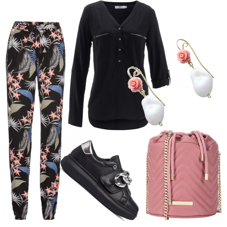Outfit donna - Il pantalone a fiori. Stile Casual per Tutti i giorni. Abbinamento con bluse, pantaloni, borse a tracolla, orecchini, sneakers.