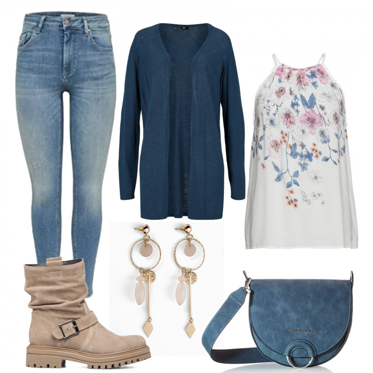 Outfit donna - Sole di primavera. Stile Casual per Tutti i giorni. look ideale per Tall. Abbinamento con top, orecchini, cardigans, stivaletti, jeans, jeans.