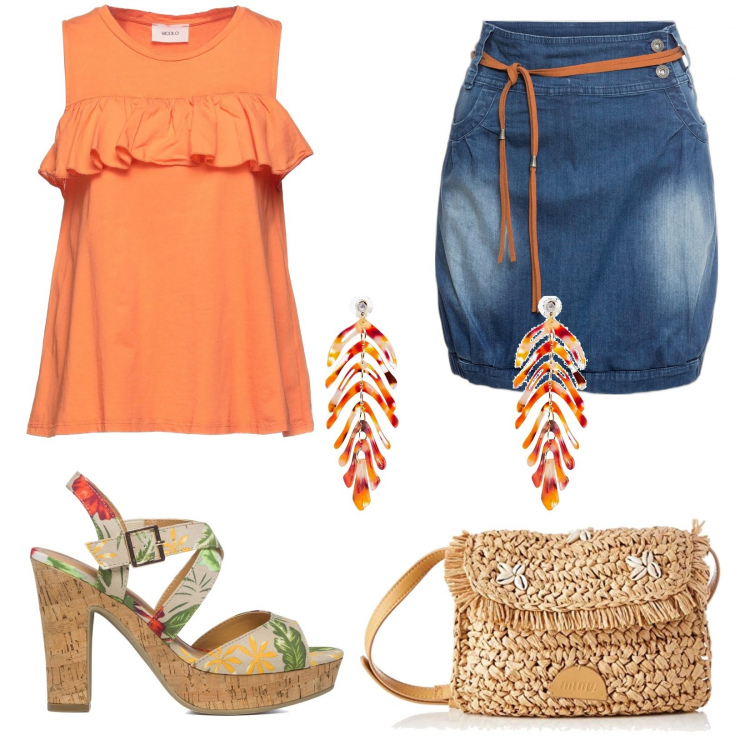 Outfit donna - Baciata dal sole. Stile Casual per Tutti i giorni. Abbinamento con minigonne, top, orecchini, sandali in pelle, borse a tracolla.