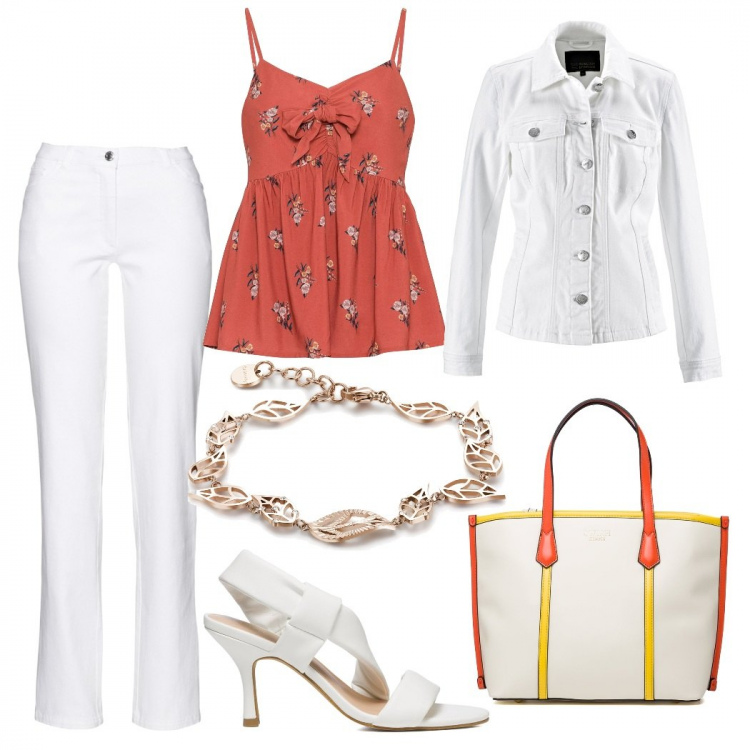Outfit donna - Il top arancio. Stile Casual chic per Mare. Abbinamento con pantaloni, top, blazer, braccialetti, sandali in pelle, borse a spalla.