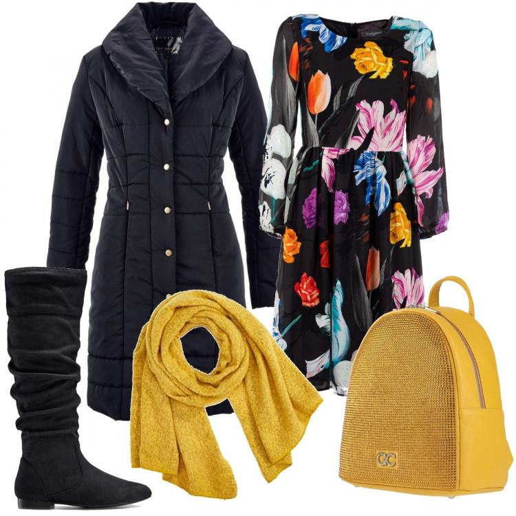 Outfit donna - Alla fine dell\'inverno. Stile Romantica per Ufficio. Abbinamento con stivali, giacche, zaini, vestiti midi/longuette, sciarpe.