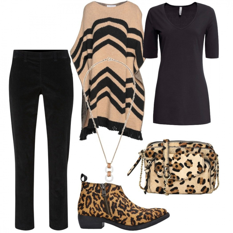 Outfit donna - Leopardata. Stile Casual chic per Ufficio. Abbinamento con maglieria, pantaloni, cappe, stivaletti, borse a tracolla, collane.