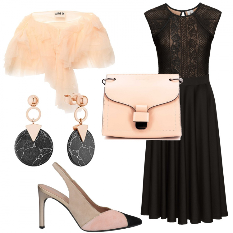 Outfit donna - Il vestito con trasparenze. Stile Glamour per Cerimonia. Abbinamento con vestiti, bolero, décolleté, borse a tracolla, orecchini.