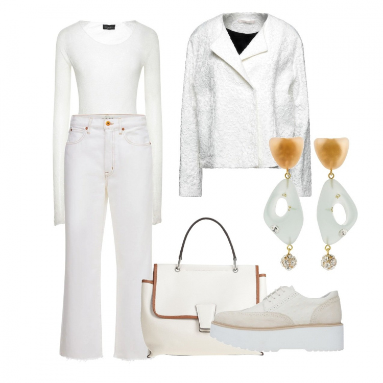 Outfit donna - Bianco basic. Stile Basic per Tutti i giorni. Abbinamento con scarpe stringate, blazer, borse a mano, pullovers, jeans, orecchini.