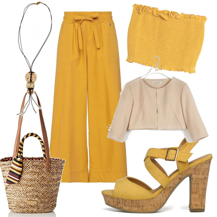 Outfit donna - Casual #4895. Stile Casual per Tutti i giorni. Abbinamento con pantaloni, ciondoli, top, blazer, sandali in pelle, borse a spalla.