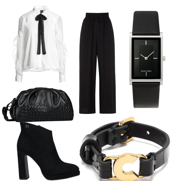 Outfit donna - Total look #1285490. Stile Casual chic per Serata fuori. look ideale per Tall. Abbinamento con pantaloni a palazzo, camicie, stivaletti, braccialetti, borse a tracolla, orologi.