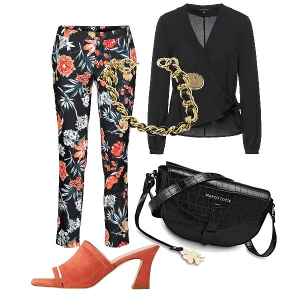 Outfit donna - Fiori la sera. Stile Romantica per Ufficio. Abbinamento con pantaloni, bluse, sandali in pelle, braccialetti, borse a mano.