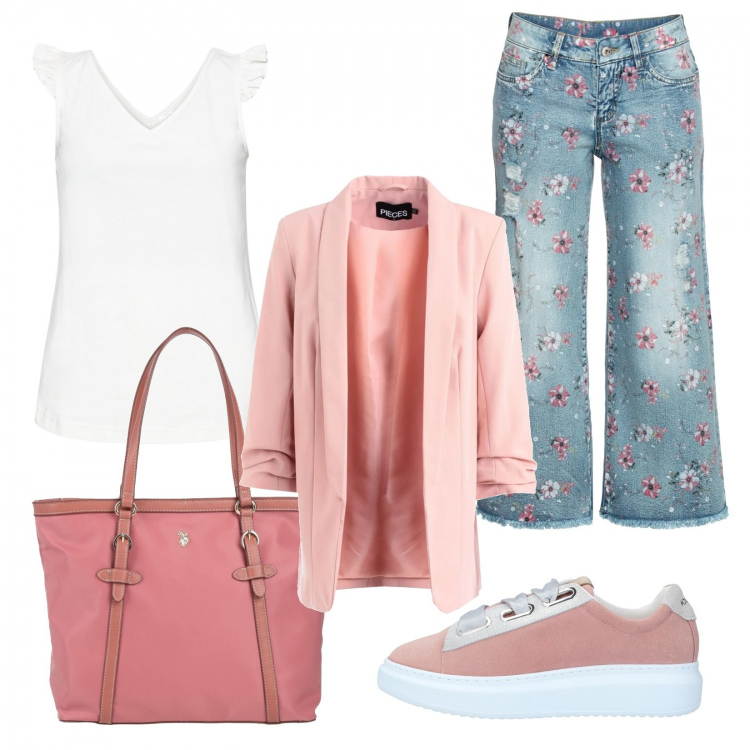 Outfit donna - Pastello. Stile Urban per Tutti i giorni. look ideale per Tall. Abbinamento con top, jeans, blazer, sneakers, borse a mano.