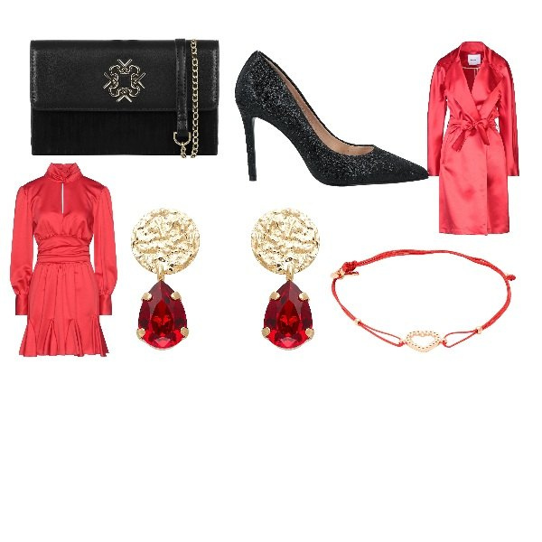 Outfit donna - Outfit rossonero. Stile Urban per Serata fuori. Abbinamento con pochette, cappotti, braccialetti, orecchini, décolleté, vestiti corti.
