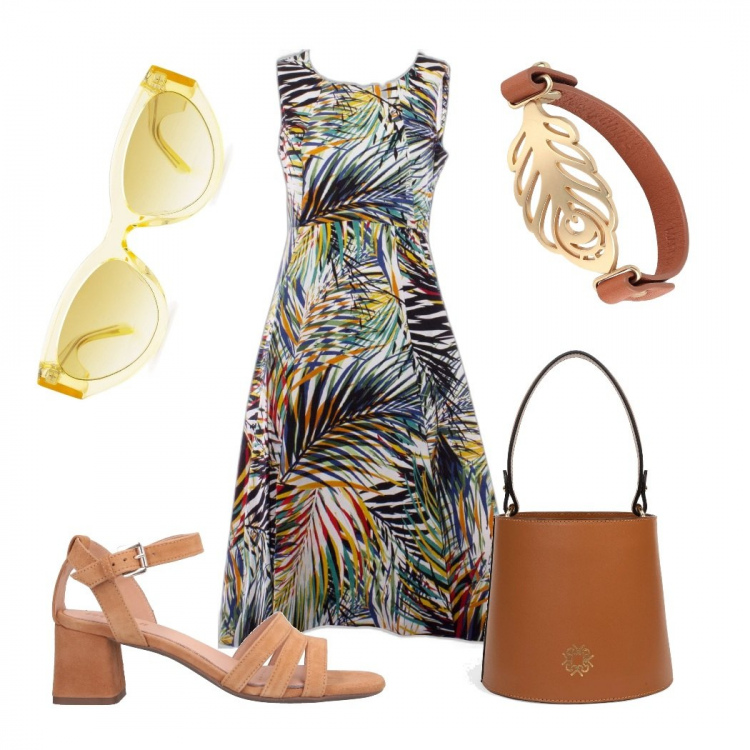 Outfit donna - Le palme. Stile Chic per Ufficio. Abbinamento con sandali in pelle, occhiali da sole, braccialetti, borse a secchiello, vestiti midi/longuette.