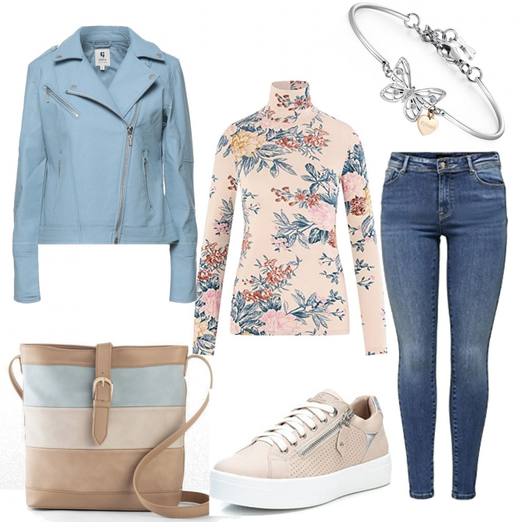 Outfit donna - Banto primavera. Stile Casual per Tutti i giorni. look ideale per Tall. Abbinamento con borse a tracolla, giacche, braccialetti, sneakers, maglieria, jeans skinny.