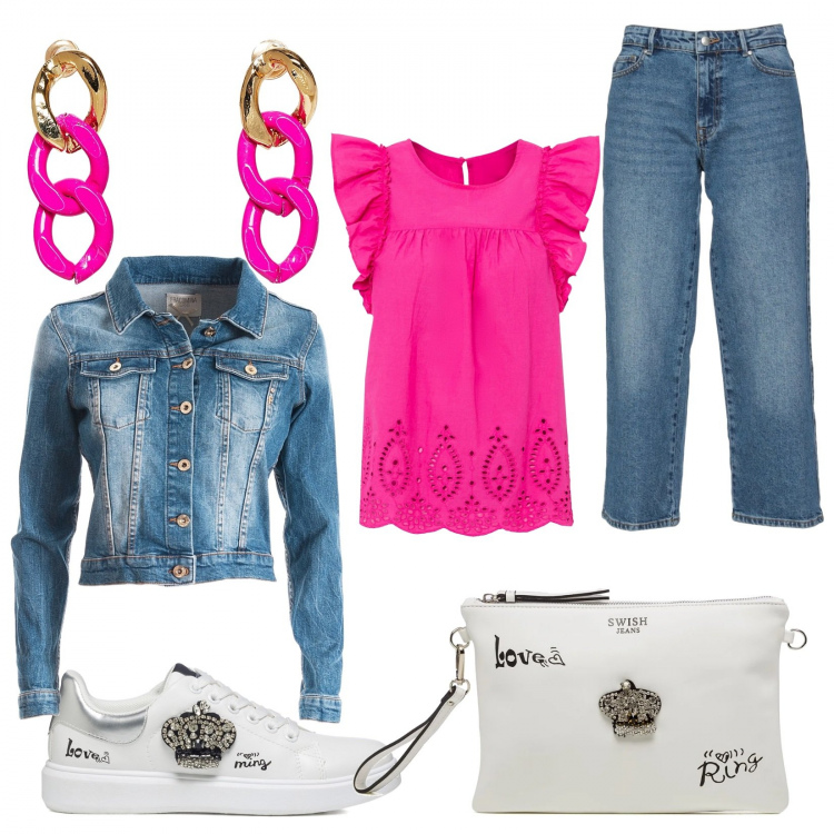 Outfit donna - Bantocolor. Stile Urban per Tutti i giorni. look ideale per Petite. Abbinamento con bluse, jeans, orecchini, blazer, sneakers, clutch.