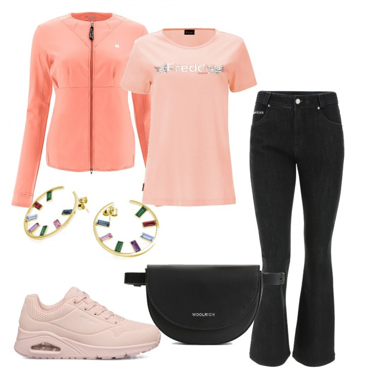 Outfit donna - Profumo di primavera. Stile Sporty chic per Tutti i giorni. Abbinamento con borse a tracolla, orecchini, jeans a zampa, felpe, t-shirt, sneakers.